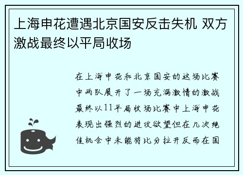 上海申花遭遇北京国安反击失机 双方激战最终以平局收场